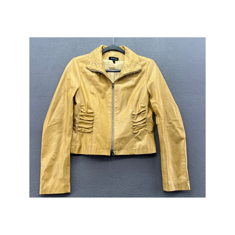 Bebe Leather Jacket Womens Sz S Mustard Yellow Genuine Ruched Studded Moto